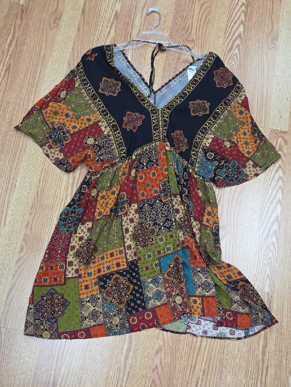 Brown Coco Womens XXL Boho Patchwork Mini Dress Paisley V Neck Cottagecore
